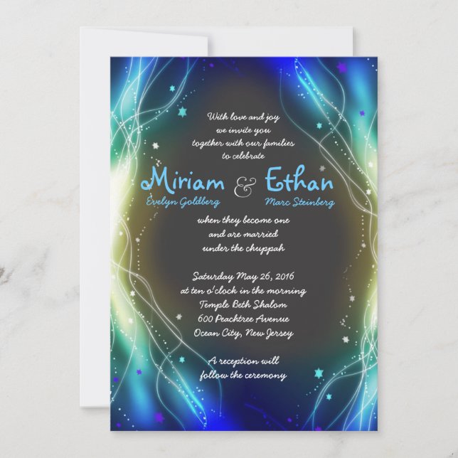Convite de Bar Mitzvah Estrelas Neon Brilhantes az (Frente)