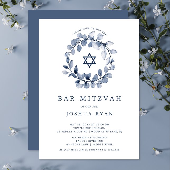 Convite de Bar Mitzvah Folha Azul (Criador carregado)