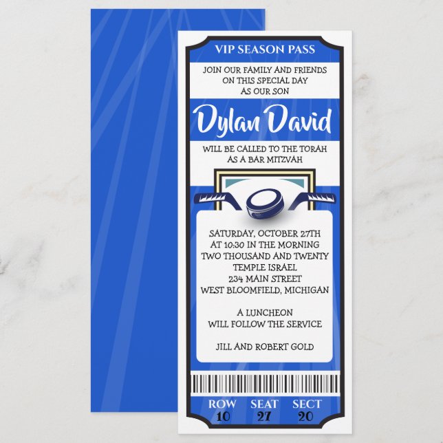 CONVITE DE Bar Mitzvah HOCKEY TICKET (Frente/Verso)