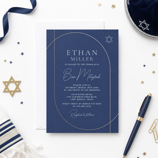 Convite de Bar Mitzvah Moderno Azul Ouro (Criador carregado)
