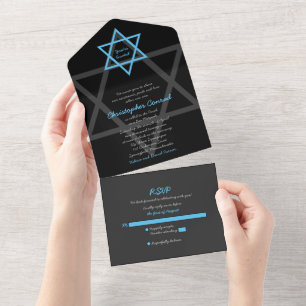 Convite de Bar Mitzvah Preto Azul Tudo em Um RSVP