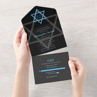 Convite de Bar Mitzvah Preto Azul Tudo em Um RSVP