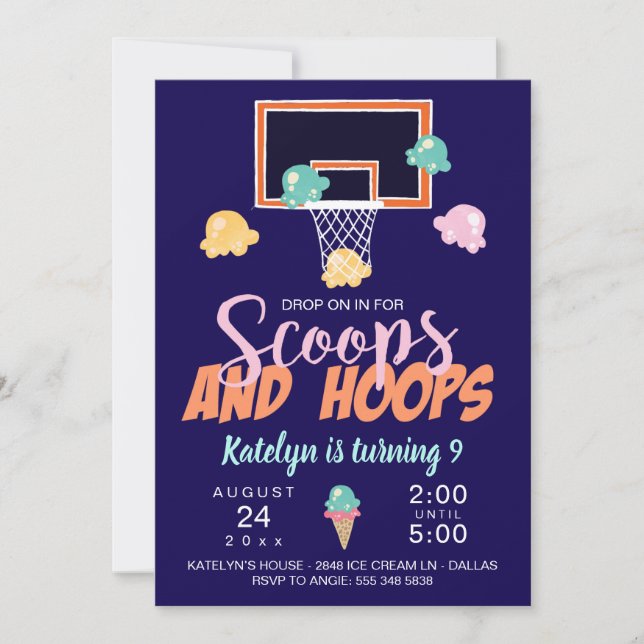 Convite de Basquete para Meninas Scoops e Hoops (Frente)