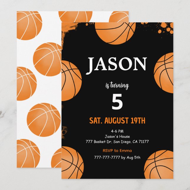Convite de Basquete Preto (Frente/Verso)