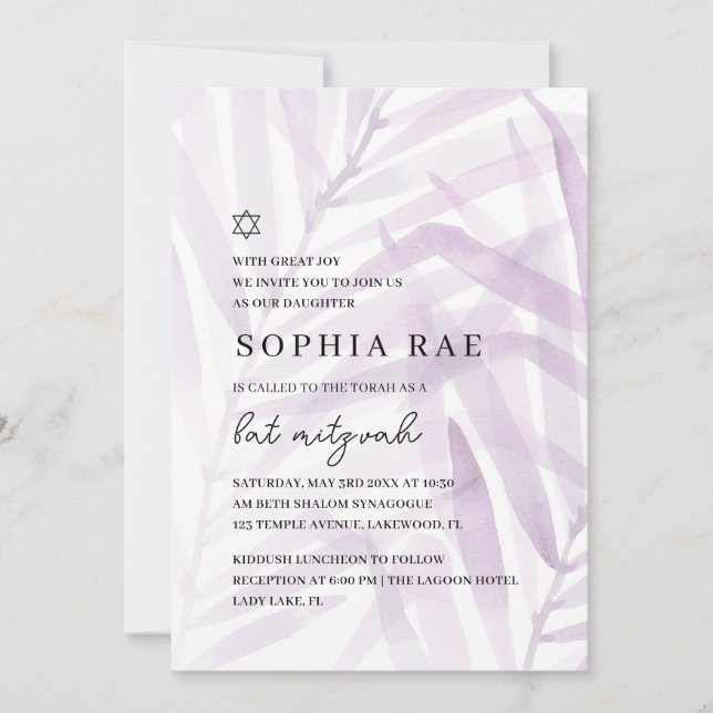 Convite de Bat Mitzvah Aquarela Botânica (Frente)