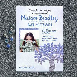 Convite de Bat Mitzvah Árvore com Brilho Azul e Pr