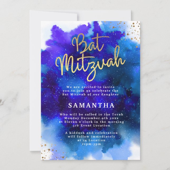 Convite de Bat Mitzvah Azul e Roxo (Frente)