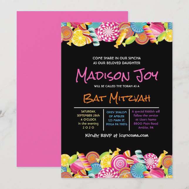 Convite de Bat Mitzvah CANDY COUTURE Rosa (Frente/Verso)
