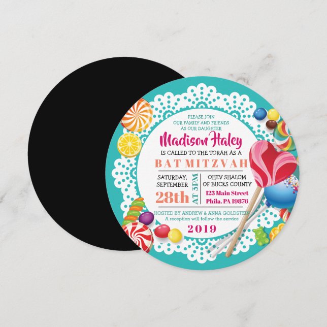 Convite de Bat Mitzvah CANDY STORE ROUND (Frente/Verso)