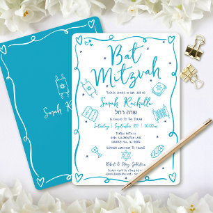 Convite de Bat Mitzvah com Desenhos à Mão em Azul