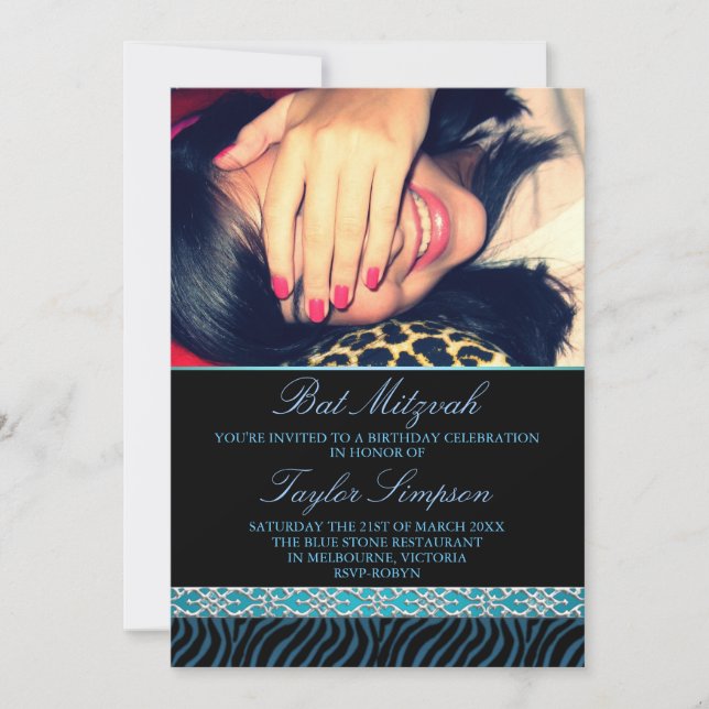 Convite de Bat Mitzvah com impressão de zebra para (Frente)