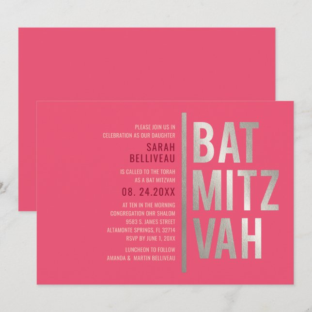 Convite de Bat Mitzvah com Letra Negrito Moderna (Frente/Verso)