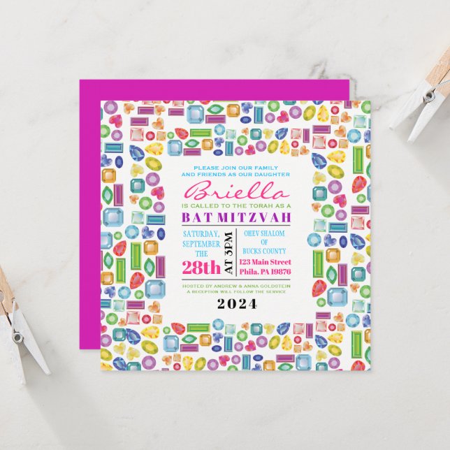 Convite de Bat Mitzvah com Pedras Preciosas BLING  (Frente/Verso In Situ)
