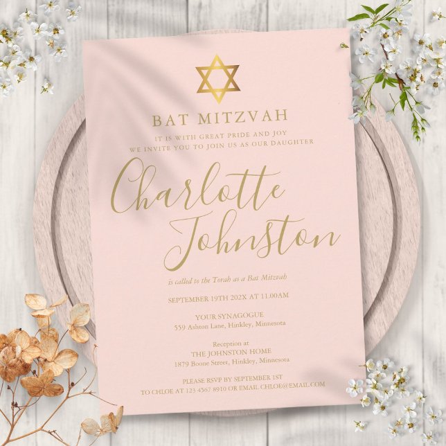 Convite de Bat Mitzvah com rosa e dourado (Bat Mitzvah Blush Pink Gold Script Invitation)