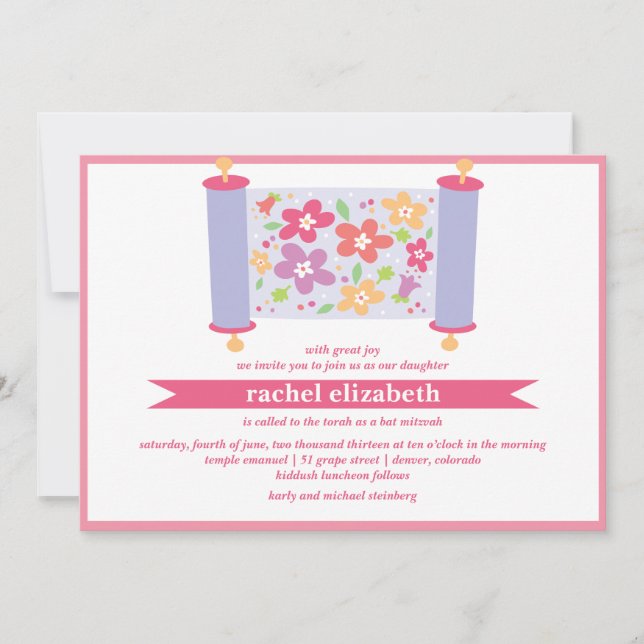 Convite de Bat Mitzvah da Torá Floral (Frente)