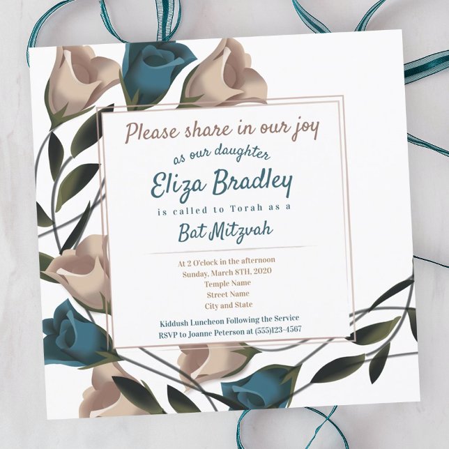 Convite de Bat Mitzvah Elegante com Rosas Bege e A (Teal roses, leafy green vines botanical garden bat mitzvah invitations, foliage, calligraphy )