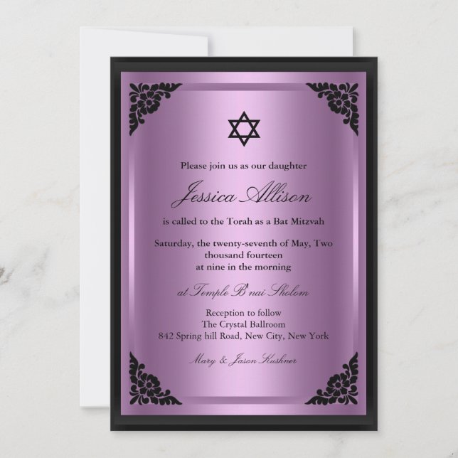 Convite de Bat Mitzvah Elegante Roxo e Preto (Frente)