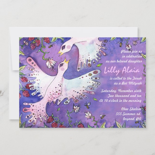 Convite de Bat Mitzvah em Aquarela de Pássaros & A (Frente)