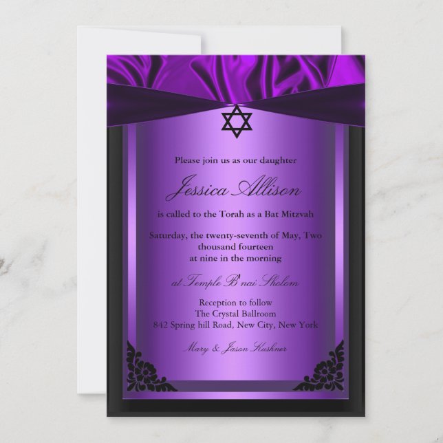 Convite de bat mitzvah em seda Roxo e Preto (Frente)