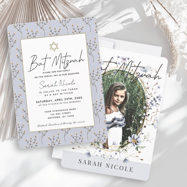 Convite de Bat Mitzvah Flor de Campo Azul (Criador carregado)