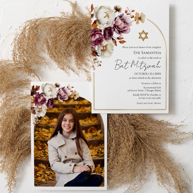 Convite de Bat Mitzvah Floral de Outono Borgonha F (Criador carregado)