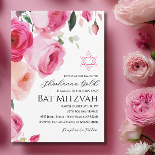 Convite de Bat Mitzvah Floral Moderno Rosa