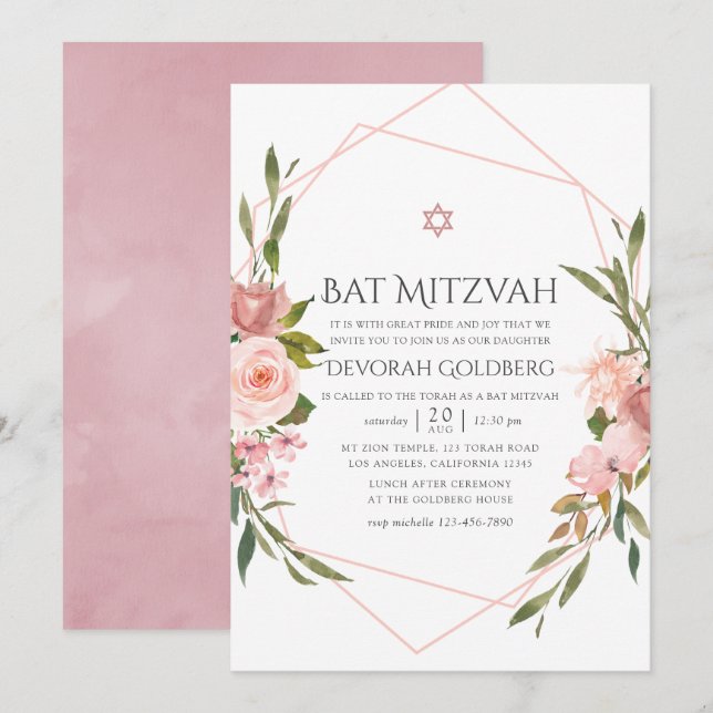 Convite de Bat Mitzvah Floral Rosa Bege (Frente/Verso)
