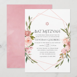 Convite de Bat Mitzvah Floral Rosa Bege