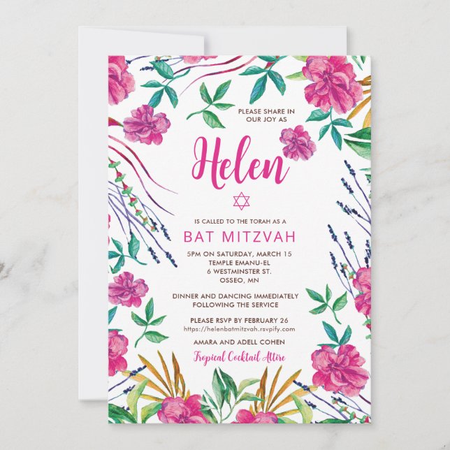 Convite de Bat Mitzvah Floral Tropical (Frente)