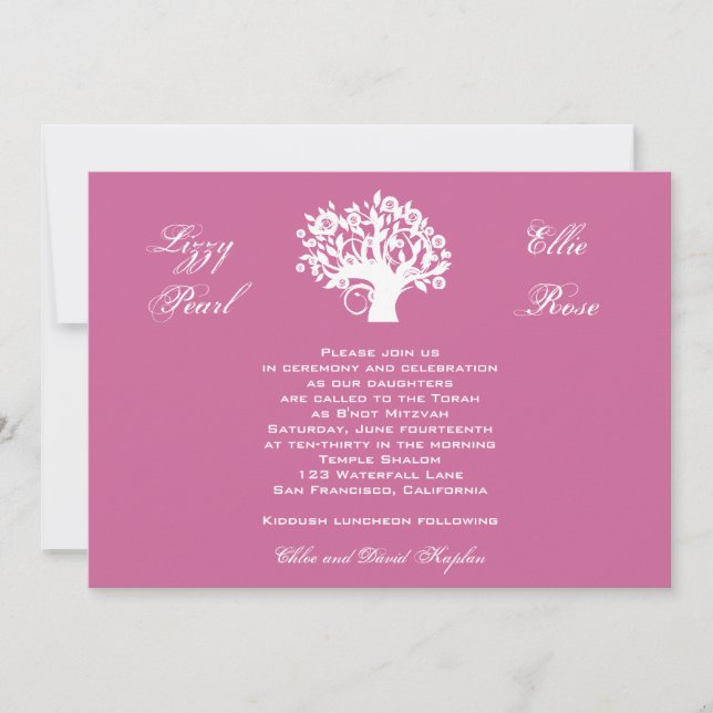 Convite de Bat Mitzvah Gêmeos Sweet 16 Árvore (Frente)