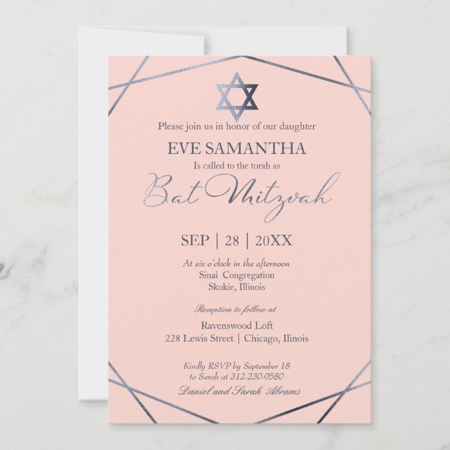 Convite de Bat Mitzvah Geométrico com Folha Cinza  (Frente)