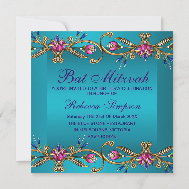 Convite de Bat Mitzvah Jóia Floral Azul Elegante (Frente)
