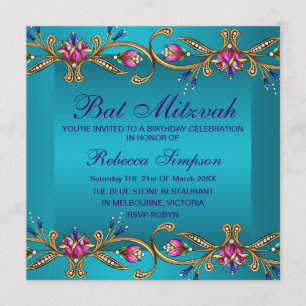 Convite de Bat Mitzvah Jóia Floral Azul Elegante