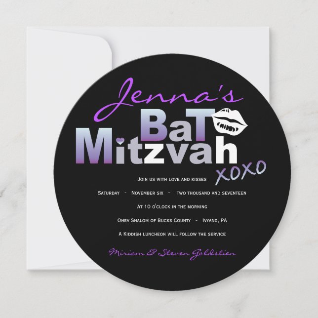 Convite de Bat Mitzvah LOVE & KISSES Morcego Roxo (Frente)