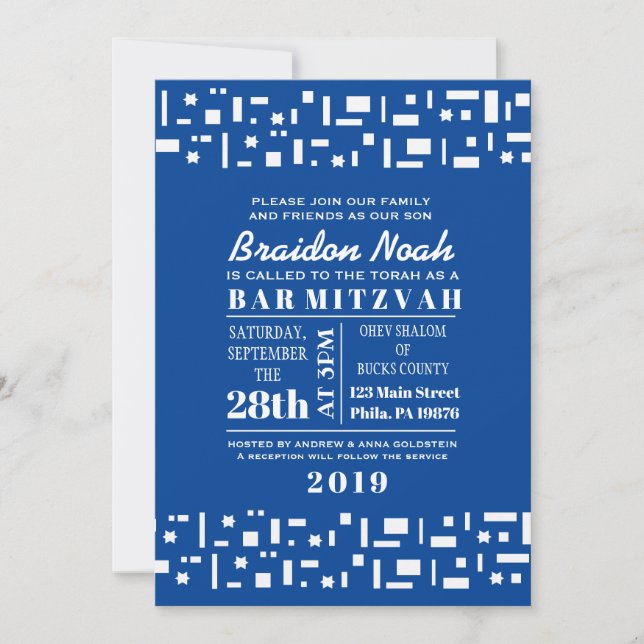 Convite de Bat Mitzvah para Bar STAR WALL em azul (Frente)