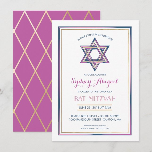 Convite de Bat Mitzvah - Personalizar, Dourado, Mo (Frente/Verso)