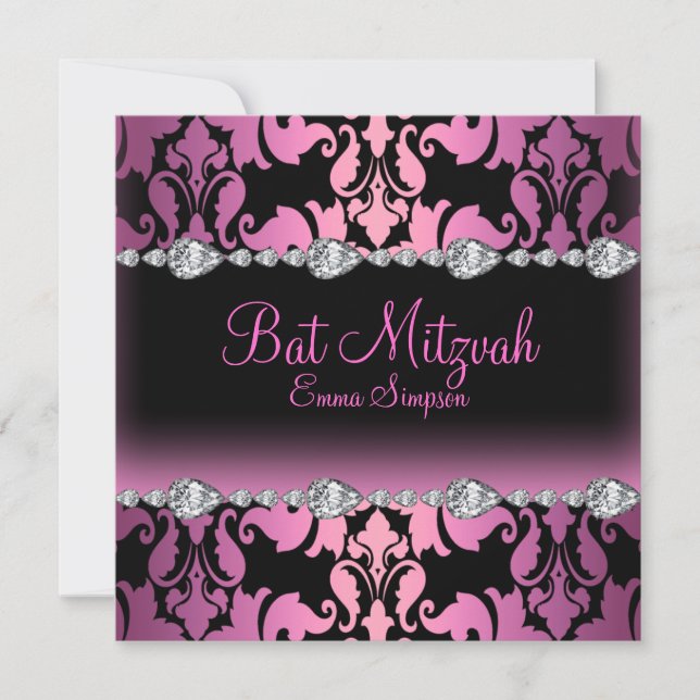 Convite de Bat Mitzvah Pink & Black Damask & Diamo (Frente)