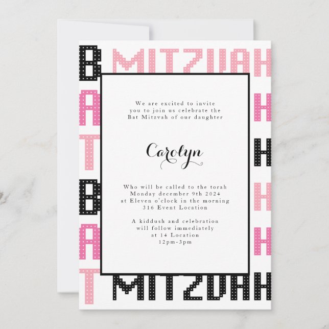 Convite de Bat Mitzvah Preto e Rosa (Frente)