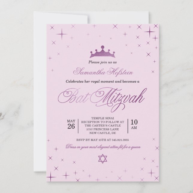 Convite de Bat Mitzvah Princesa Coroa Real (Frente)