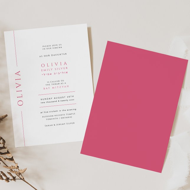 Convite de Bat Mitzvah Rosa e Branco Moderno (Criador carregado)