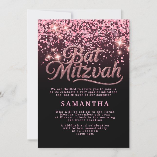 Convite de Bat Mitzvah Rosa e Preto (Frente)