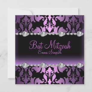 Convite de Bat Mitzvah Roxo Damask & Diamante