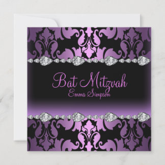 Convite de Bat Mitzvah Roxo Damask & Diamante