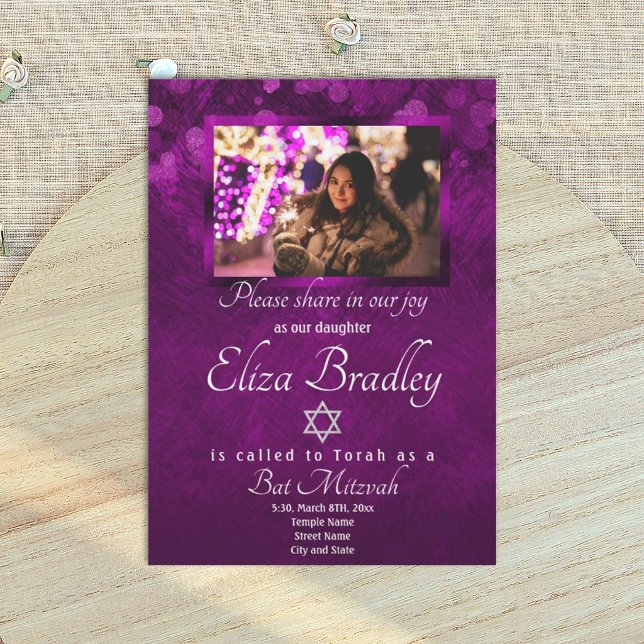 Convite de Bat Mitzvah Roxo Real Brilhante (royal purple bat mitzvah quinceanera invitations)
