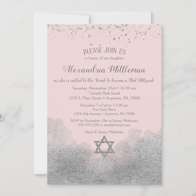 Convite de Bat Mitzvah Silver Rosa (Frente)