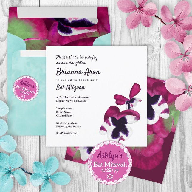 Convite de Bat Mitzvah Violet, Plum Purple Pansies (pink purple turquoise floral bat mitzvah invitation, berry violet summer colors, 12 12th twelve)