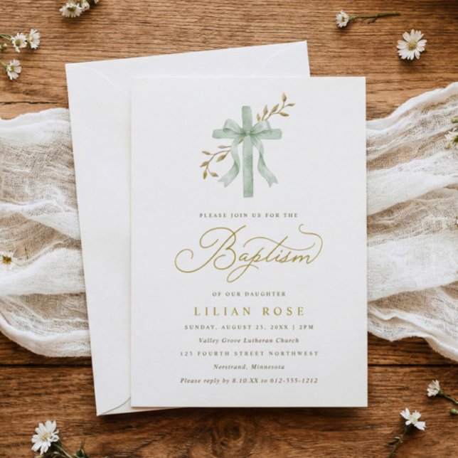 Convite de Batismo Água-marinha Cruz Elegante (Watercolor cross baptism invitation with gold botanical vines and sage green script)