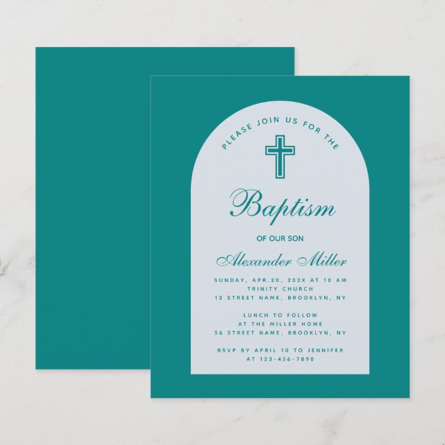 Convite de Batismo Arco Script Azul Menino Orçamen (Frente/Verso)