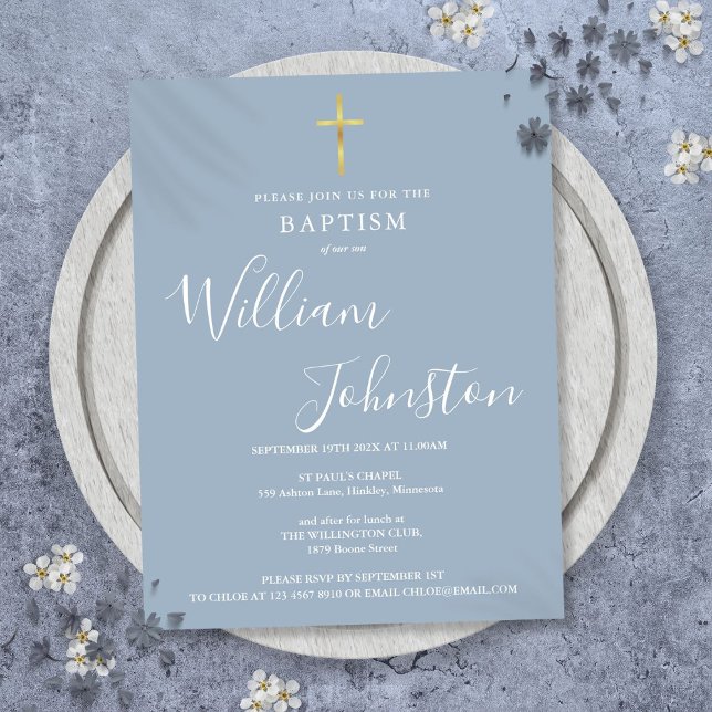 Convite de Batismo Azul Poento (Baptism Christening Dusty Blue Invitation Postcard)
