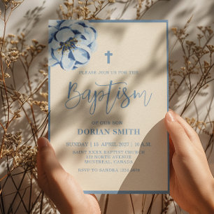 Convite de Batismo Blue Floral Boy